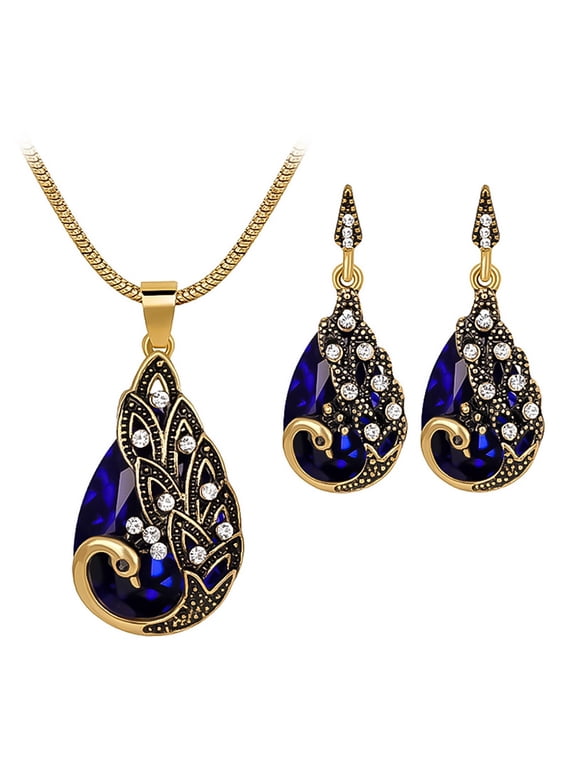 Gemstone Jewelry Set for Women, Dainty Blue Teardrop Pendant Necklace and Earrings Two Piece Set, Elegant Statement Accessories for Daily Wear Office Date Party Wedding Gift Blue 2 Pcs