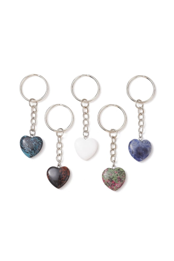 Gemstone Keychains with Iron Split Key Rings with Curb Chains Heart 75~78mm