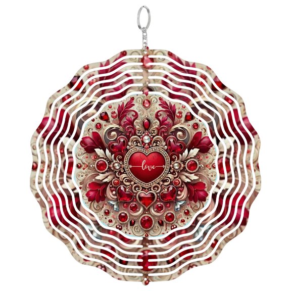 Gemstone Mandala Red Heart 3D Wind Spinner Stainless Steel Kinetic Art 2D Flat Print Round