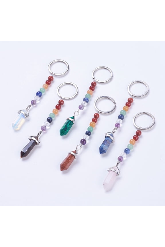 Gemstone Natural/Gemstone Chakra Pointed Keychain with Mixed Stone and Platinum Plated Brass Key Findings Bullet 108~112mm Ring: 24x2mm Bead: 6~7mm Pendant: 35~39x13x9mm