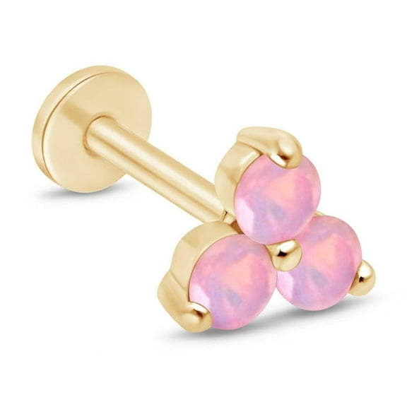 Gemstone Opal Trio Flat Back Earring for Women 14K Solid Gold Cartilage Earring Threaded Tragus Helix Piercing Jewelry Small Single Stud Earring for Upper Ear