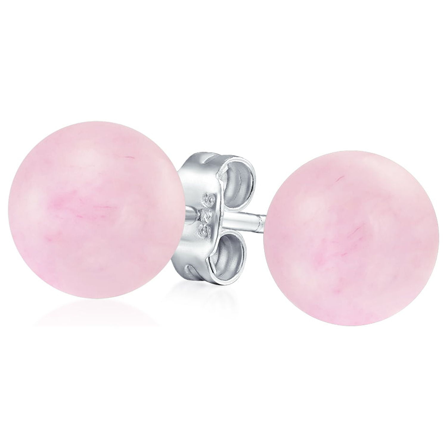 Gemstone Pink Rose Quartz Round Ball Stud Earrings .925 Sterling Silver