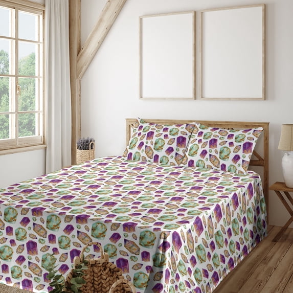 Ambesonne Gemstone Print Fitted & Flat Sheet with Shams 4 Pcs Set, Nature Boho Print, King, Purple Mint Green and Amber
