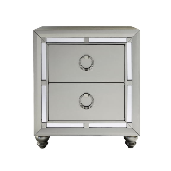 Gemstone Silver Nightstand: Mirror Accented Style, Spacious Drawers, Bun Foot, Center Metal Glide, Solid Wood + , Grey/silver, 28.35 In. Height, 16.92 Width, 25.09 Depth Accents, Drawer Capacity,