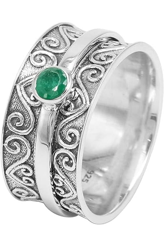 Gemstone Spinner ring -Emerald Ring Solid Silver Ring Fidget Ring Anxiety Ring for Women US 11