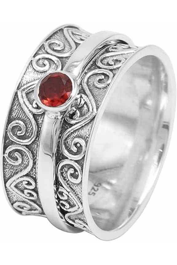 Gemstone Spinner ring -Garnet Ring Solid Silver Ring Fidget Ring Anxiety Ring for Women US 6.5