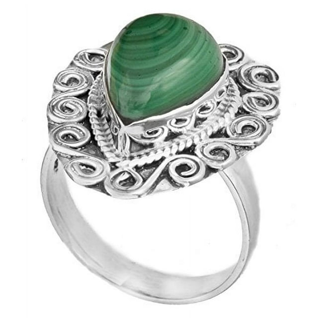 Gemstone Spiral Ring - Sterling Silver - Color Malachite Ring Size 9