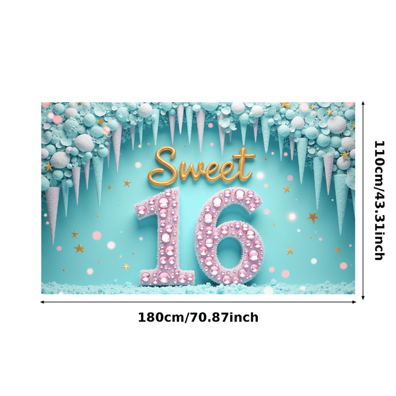 Gemstone Studded Sweet 16 Birthday Banner Ice Theme Celebration Sign for Teenage Party Event Decoration