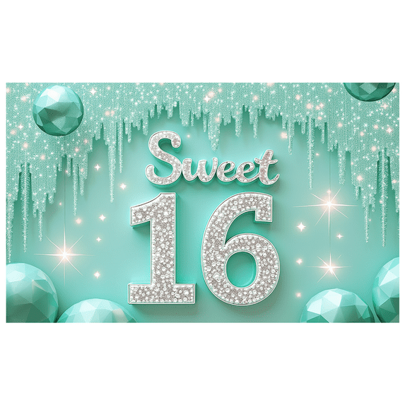 Gemstone Studded Sweet 16 Birthday Banner Ice Theme Celebration Sign for Teenage Party Event Decoration