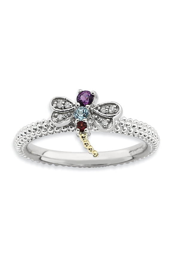 Gemstone and Diamond Sterling Silver and 14kt Gold Dragonfly Ring