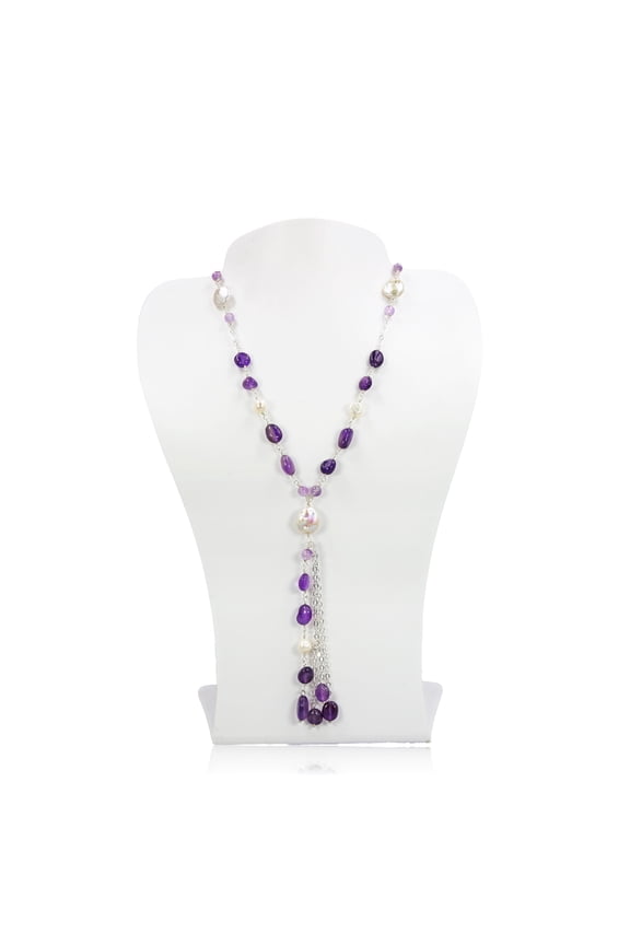 Lariat Necklace, Purple Gemstone and Freshwater Pearls, 1 Count
