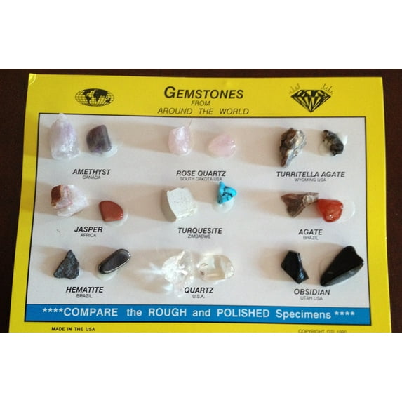 Gemstone and Mineral ID Chart - 9 types - 18 real samples
