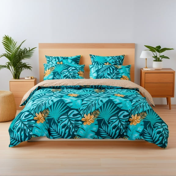 Gemstone blue floral quilt cover 3-piece set, Hawaiian-style bedding, cool, comfortable and breathable, made of anti-fading and anti-allergy material, available in King or Queen size, enjoy a cool su