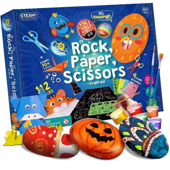 Piano Potato Rock Paper Scissors 4-in-1 Craft Kit for Kids, Glow-in-the-Dark Rock Painting + Scratch Art + Origami + Paper Plates, Arts & Crafts Gift for Boys & Girls Ages 6-12