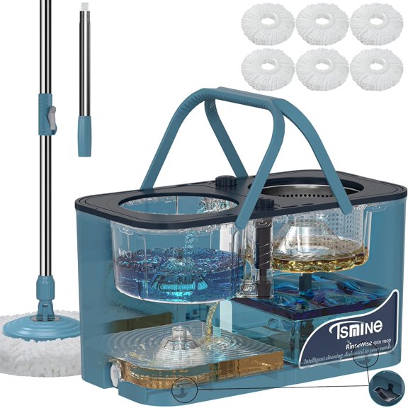 Gen 1 Large-Capacity Spin Mop and Bucket for Big Homes & Deep Cleaning Days,4-Chamber System Separates Dirty Clean Water, 2-GAL Heavy-Duty Design with Wheels 6 Refill Heads - Blue/Grey