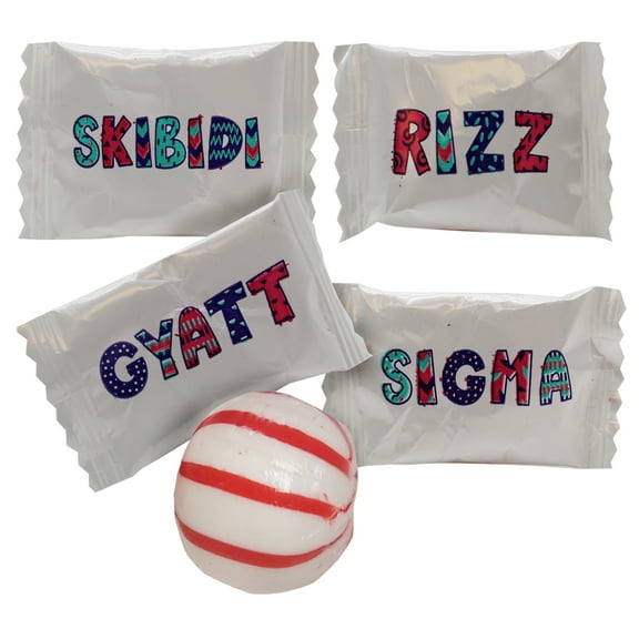 Gen Alpha Themed Peppermint Candy - Funny Meme Phrases; Rizz, Skibidi, Gyatt & Sigma written on Individually Wrapped Candy - 100 count Trendy Assorted Bulk Mints to Fill Birthday Goodie Bags for Kids