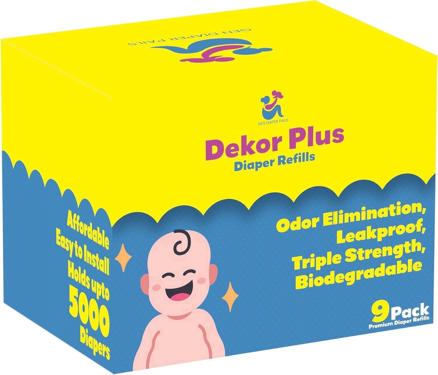 Gen Diaper Pails Dekor Plus Diaper Pail Refill, 9 Refill Liners, 30% Thicker, Leak-Proof, Powder Scent