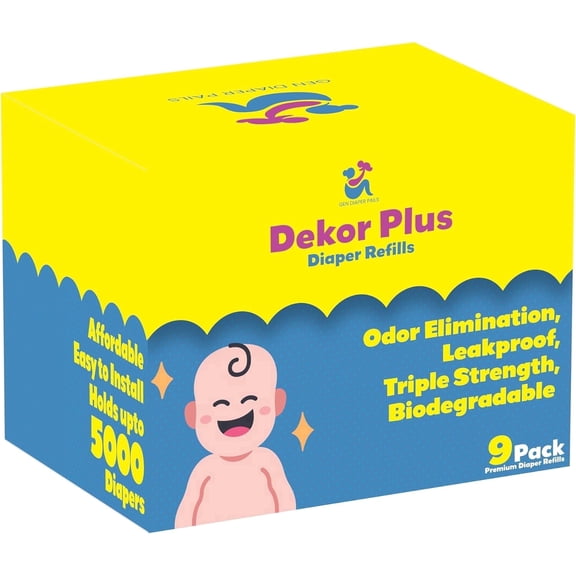 Gen Diaper Pails Dekor Plus Diaper Pail Refill, 9 Refill Liners, 30% Thicker, Leak-Proof, Powder Scent