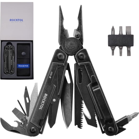 Gen-R RB Multitool Pliers, VG10 Blade, 27-in-1 Multi-tool, EDC Pocket Knife, Retro Black Finish, Precision Screwdriver, Gut Hook for Hunting, Backpacking, Hiking, Camping