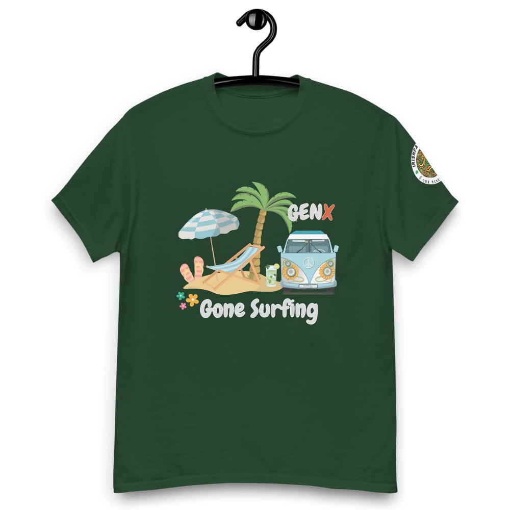 Gen X Gone Surfing – Retro Beach Vibes T-Shirt (Forest Green, M)
