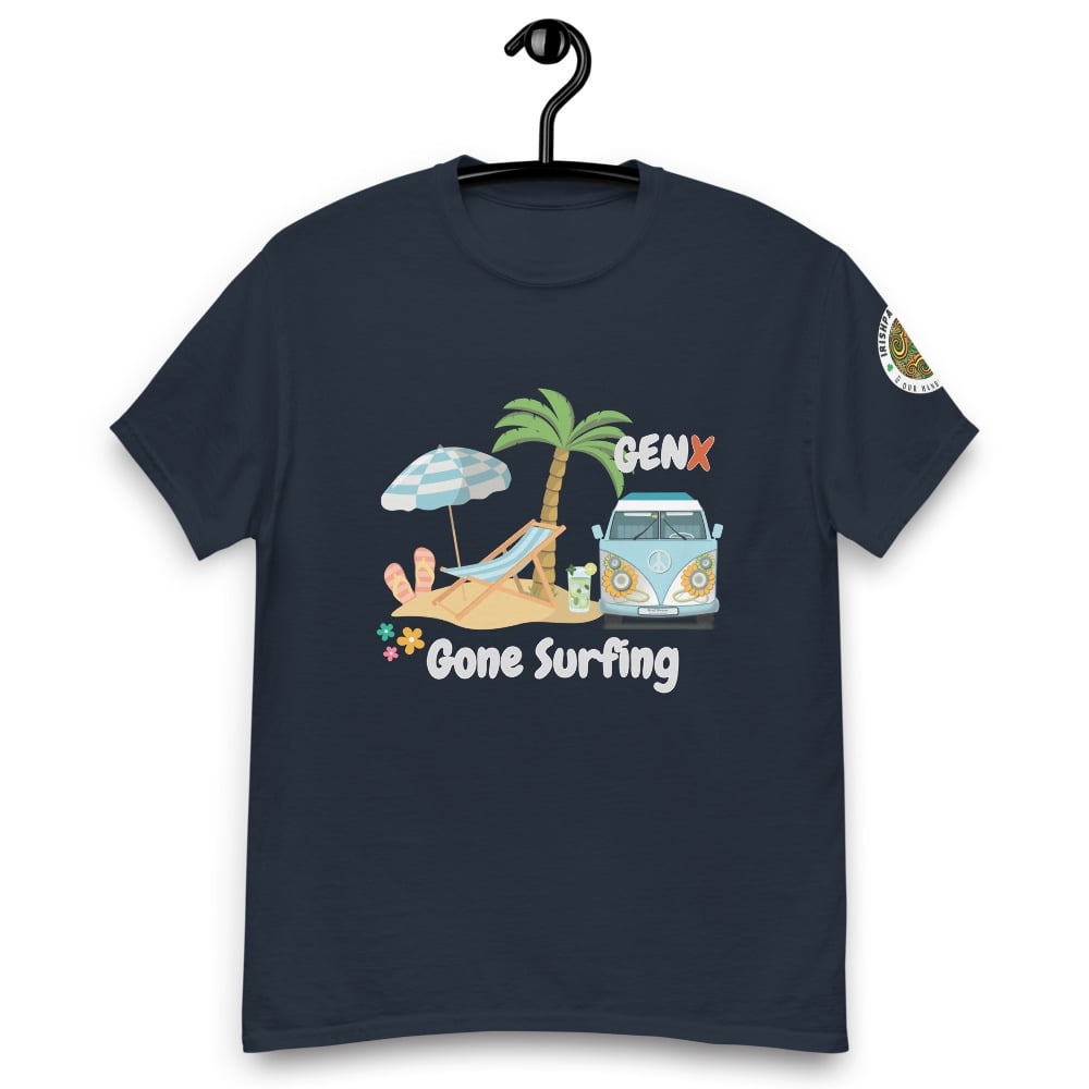 Gen X Gone Surfing – Retro Beach Vibes T-Shirt (Navy, 4XL)