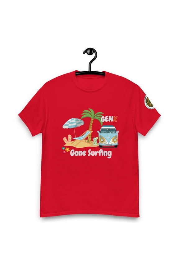 Gen X Gone Surfing – Retro Beach Vibes T-Shirt (Red, S)
