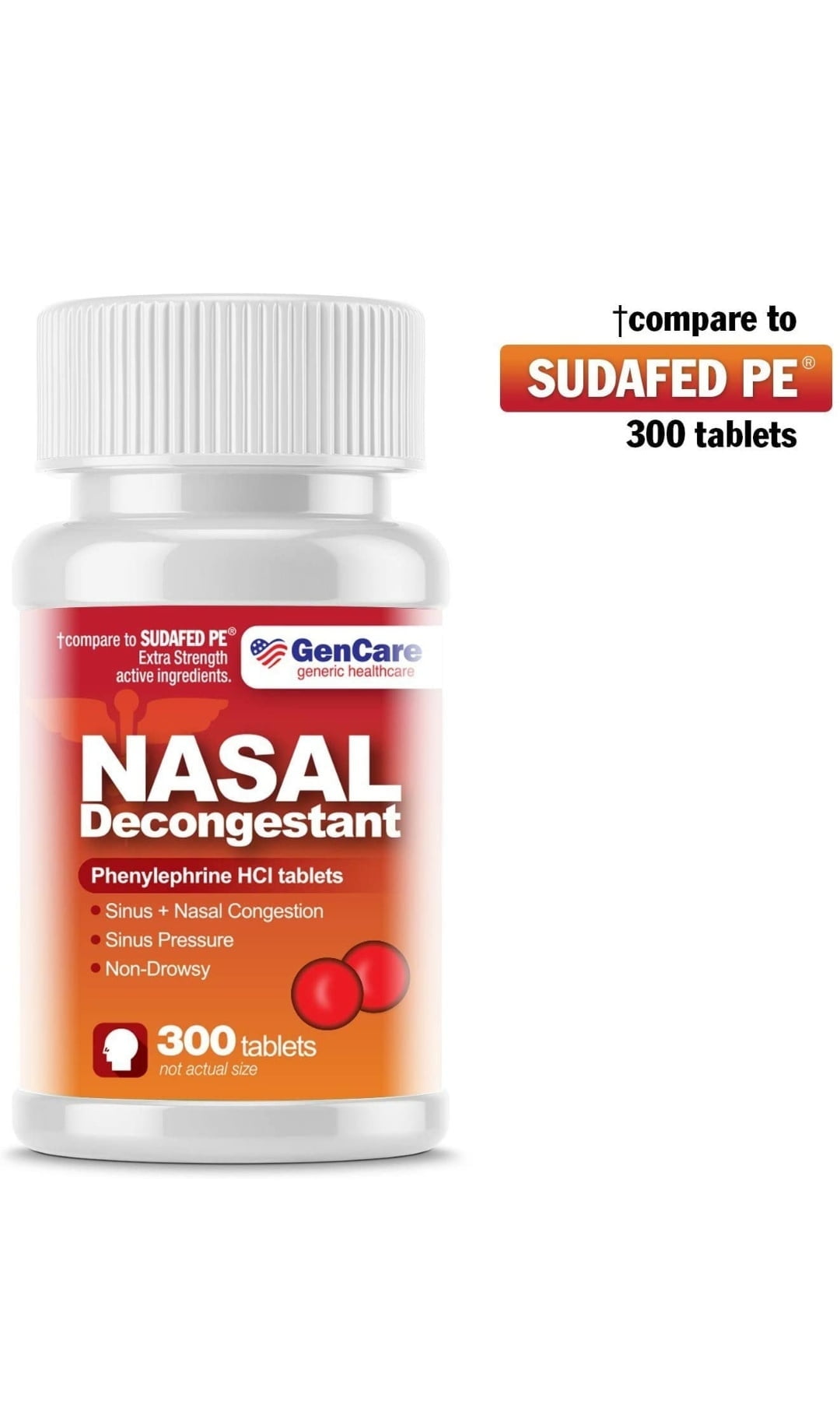 GenCare -1  Nasal Decongestant (10mg Tablets)  Phenylephrine HCl (300 Tablets Per Bottle) | Value Pack Non Drowsy Sinus and Nasal Congestion Relief | Lower Sinus Pressure Due to Allergies or Illness.