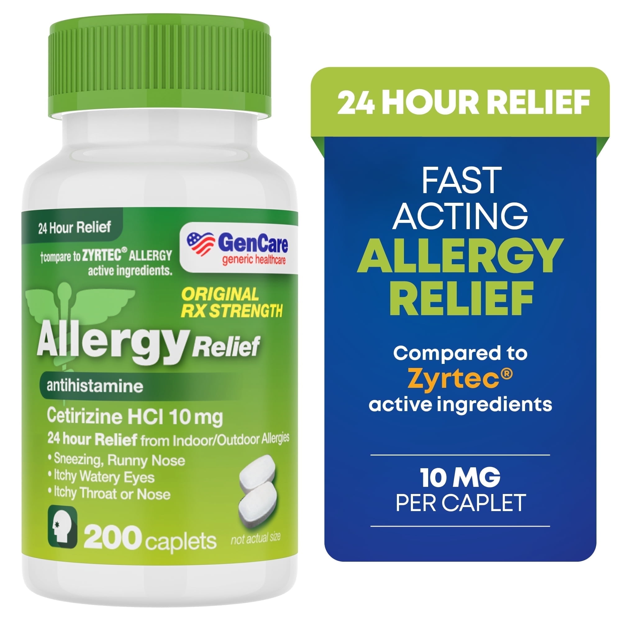 GenCare 24 Hour Allergy Relief Tablets Antihistamine Cetirizine HCl 10 mg, 200 Caplets