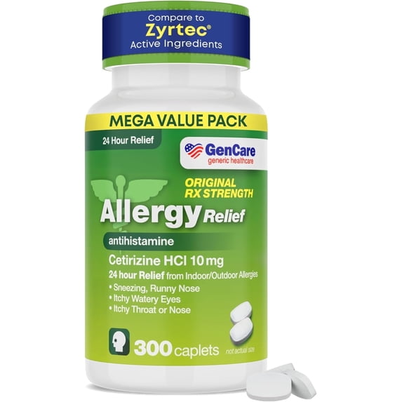 GenCare 24 Hour Allergy Relief Tablets Antihistamine Cetirizine HCl 10 mg, 300 Caplets