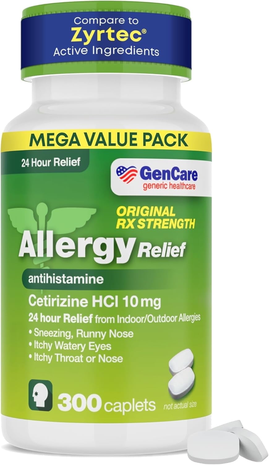 GenCare 24 Hour Allergy Relief Tablets Antihistamine Cetirizine HCl 10 mg, 300 Caplets