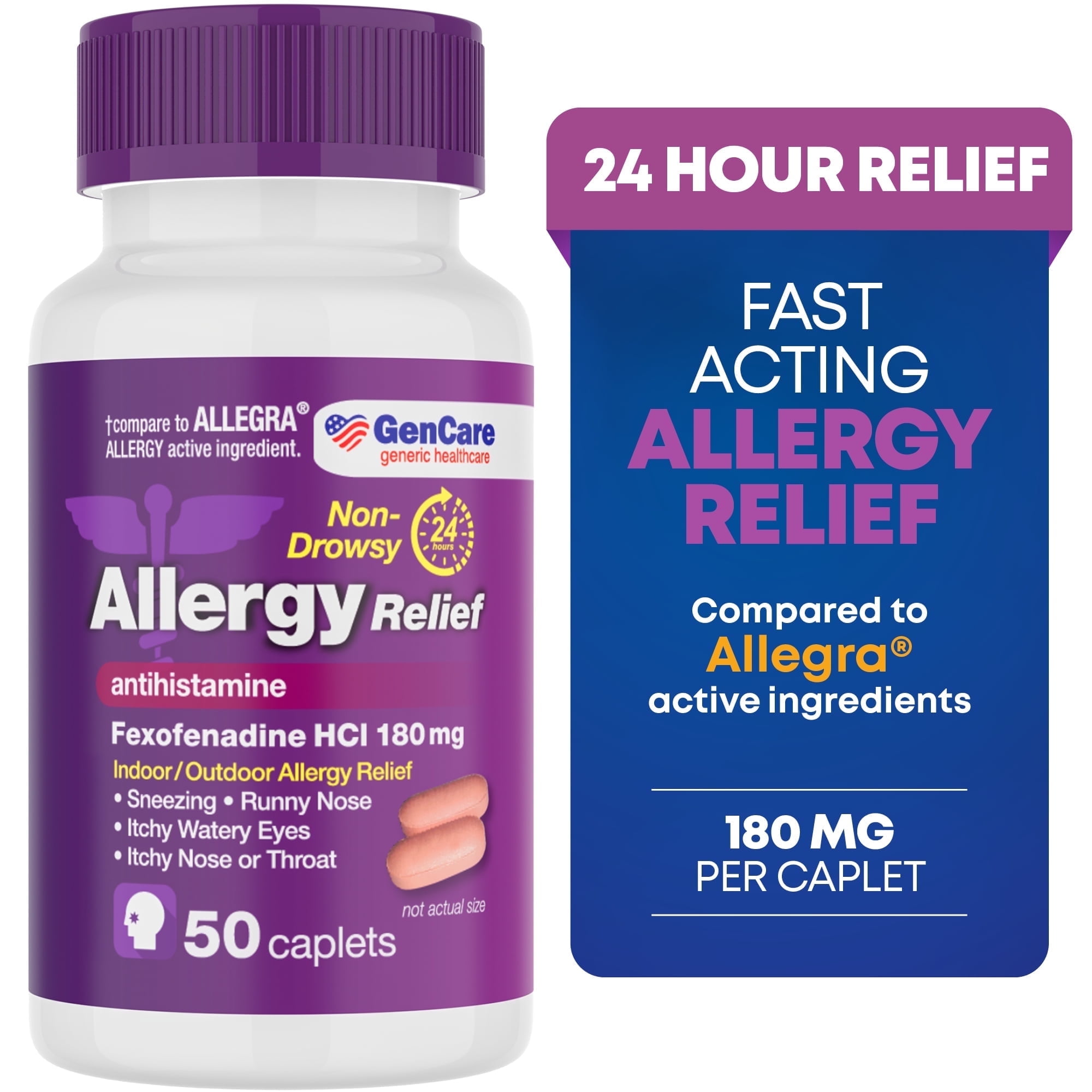 GenCare Allergy Relief Fexofenadine HCl 180 mg Non Drowsy Antihistamine, 50 Tablets