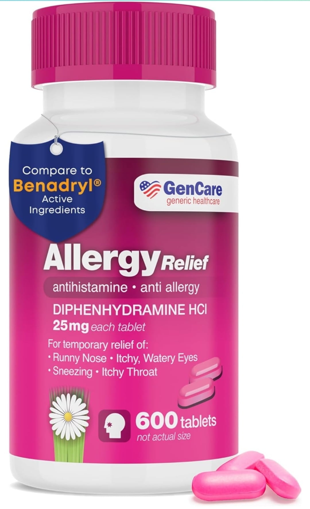 GenCare - Allergy Relief Medicine | Antihistamine Diphenhydramine 25mg (600 Tablets Per Bottle) Value Pack | Relieve for Itchy Eyes, Sneezing, Runny Nose | Seasonal or Indoor & Outdoor Allergies