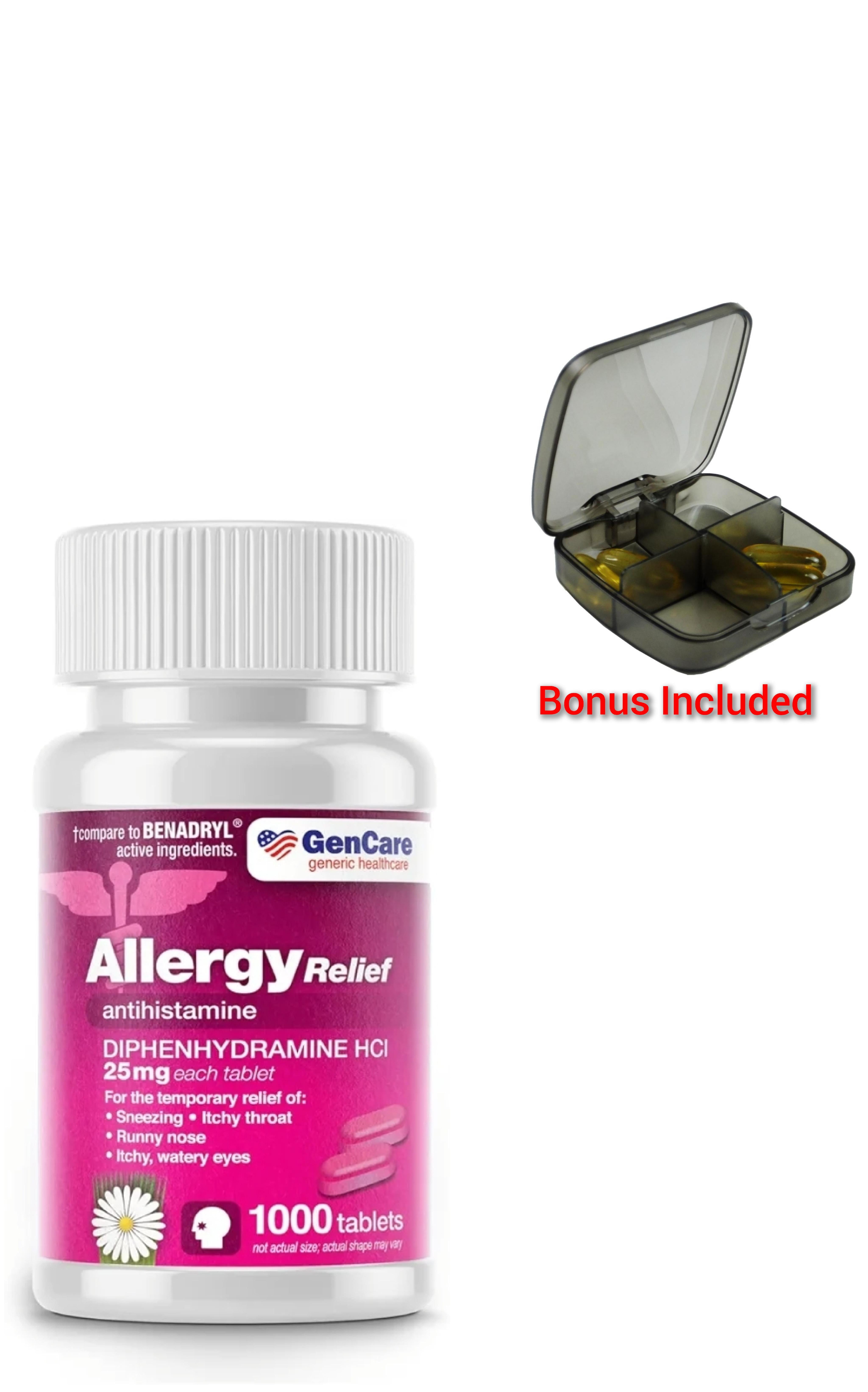 GenCare - Allergy Relief Medicine | Antihistamine Diphenhydramine HCl 25mg (1000 Tablets Per Bottle) Value Pack | Relieve for Itchy Eyes, Sneezing, Runny Nose | Seasonal or Indoor & Outdoor Allergies