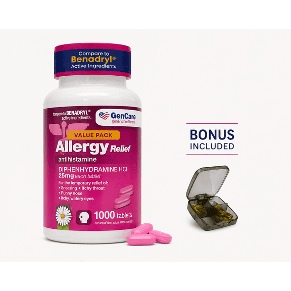 GenCare - Allergy Relief Medicine | Antihistamine Diphenhydramine HCl 25mg (1000 Tablets Per Bottle) Value Pack | Relieve for Itchy Eyes, Sneezing, Runny Nose | Seasonal or Indoor & Outdoor Allergies