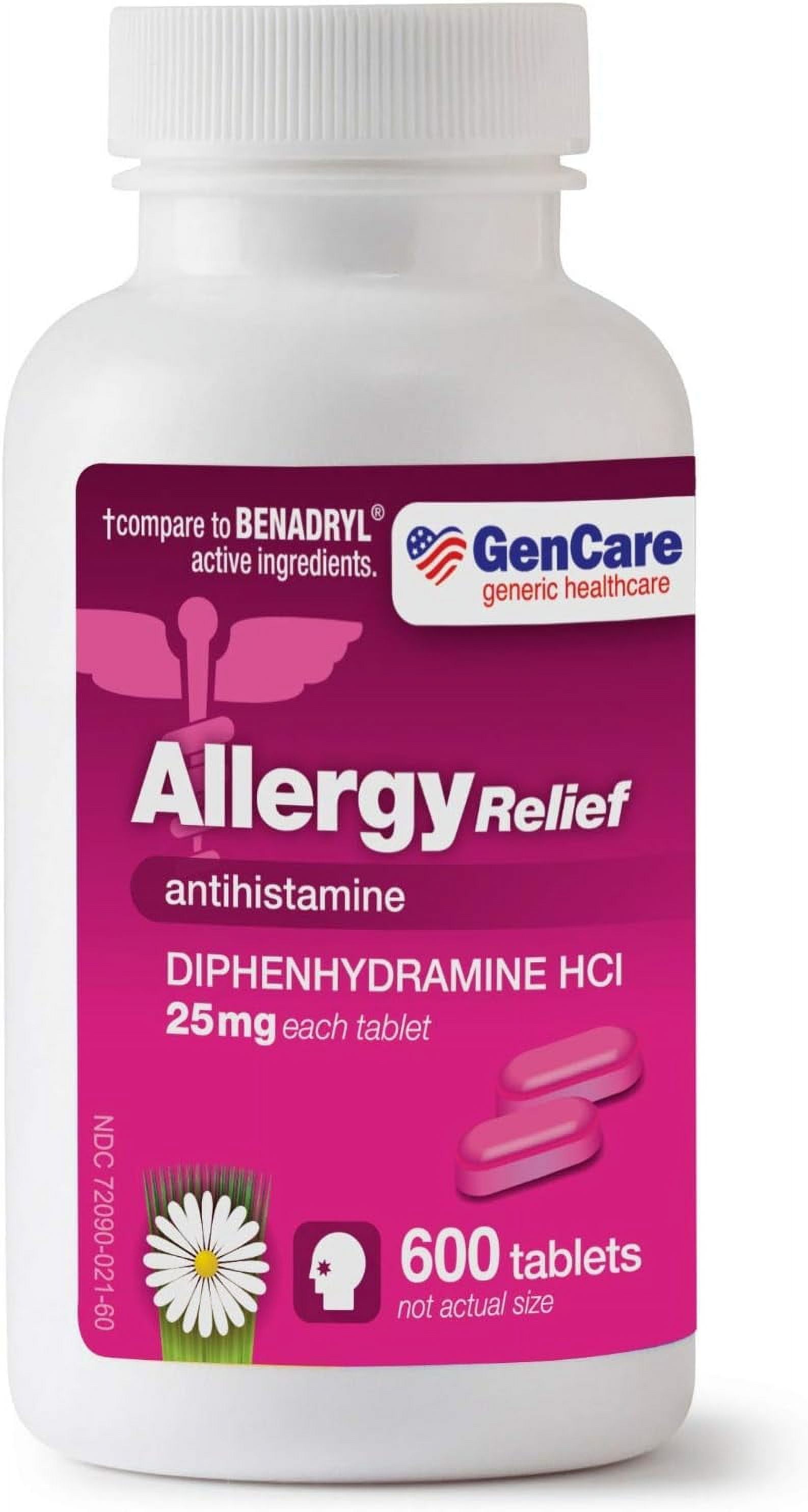 GenCare - Allergy Relief Medicine | Antihistamine Diphenhydramine HCl 25mg (600 Tablets Per Bottle) Value Pack | Relieve for Itchy Eyes, Sneezing, Runny Nose | Seasonal or Indoor & Outdoor Allergies