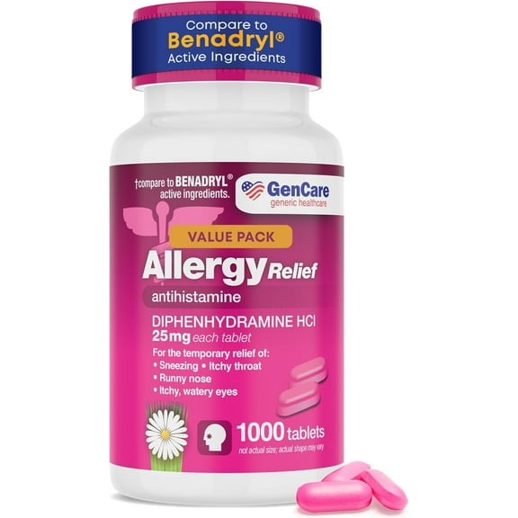 GenCare Allergy Relief Tablets Antihistamine Diphenhydramine HCl 25mg, 1000 Tablets