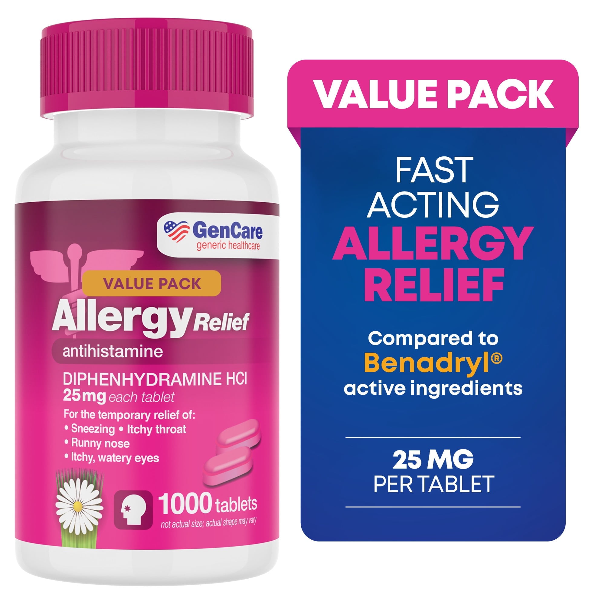 GenCare Allergy Relief Tablets Antihistamine Diphenhydramine HCl 25mg, 1000 Tablets