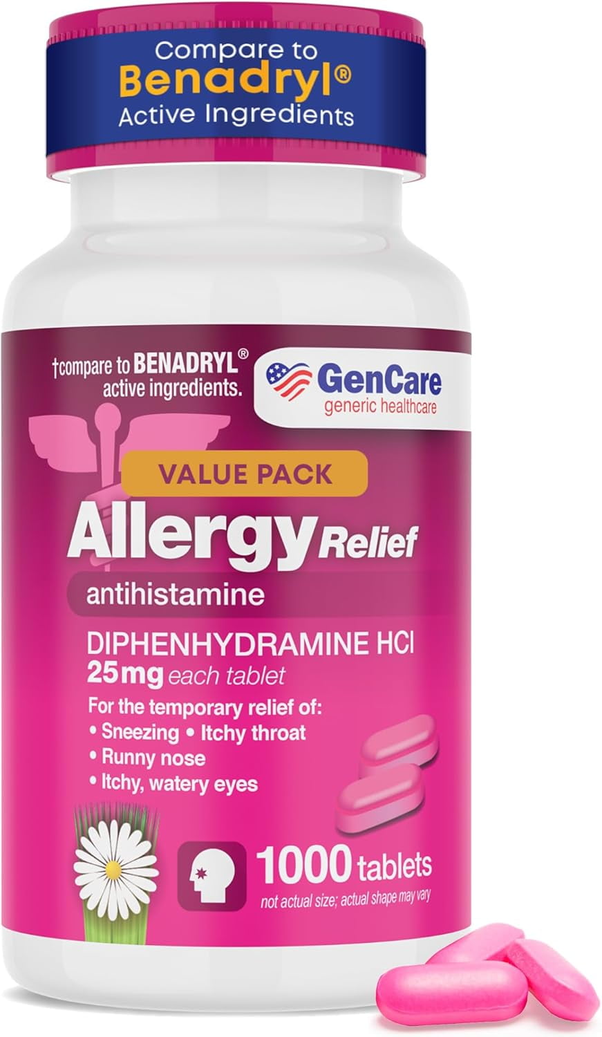 GenCare Allergy Relief Tablets Antihistamine Diphenhydramine HCl 25mg, 1000 Tablets