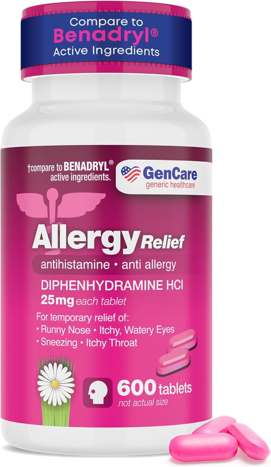 GenCare Allergy Relief Tablets Antihistamine Diphenhydramine HCl 25mg, 600 Tablets
