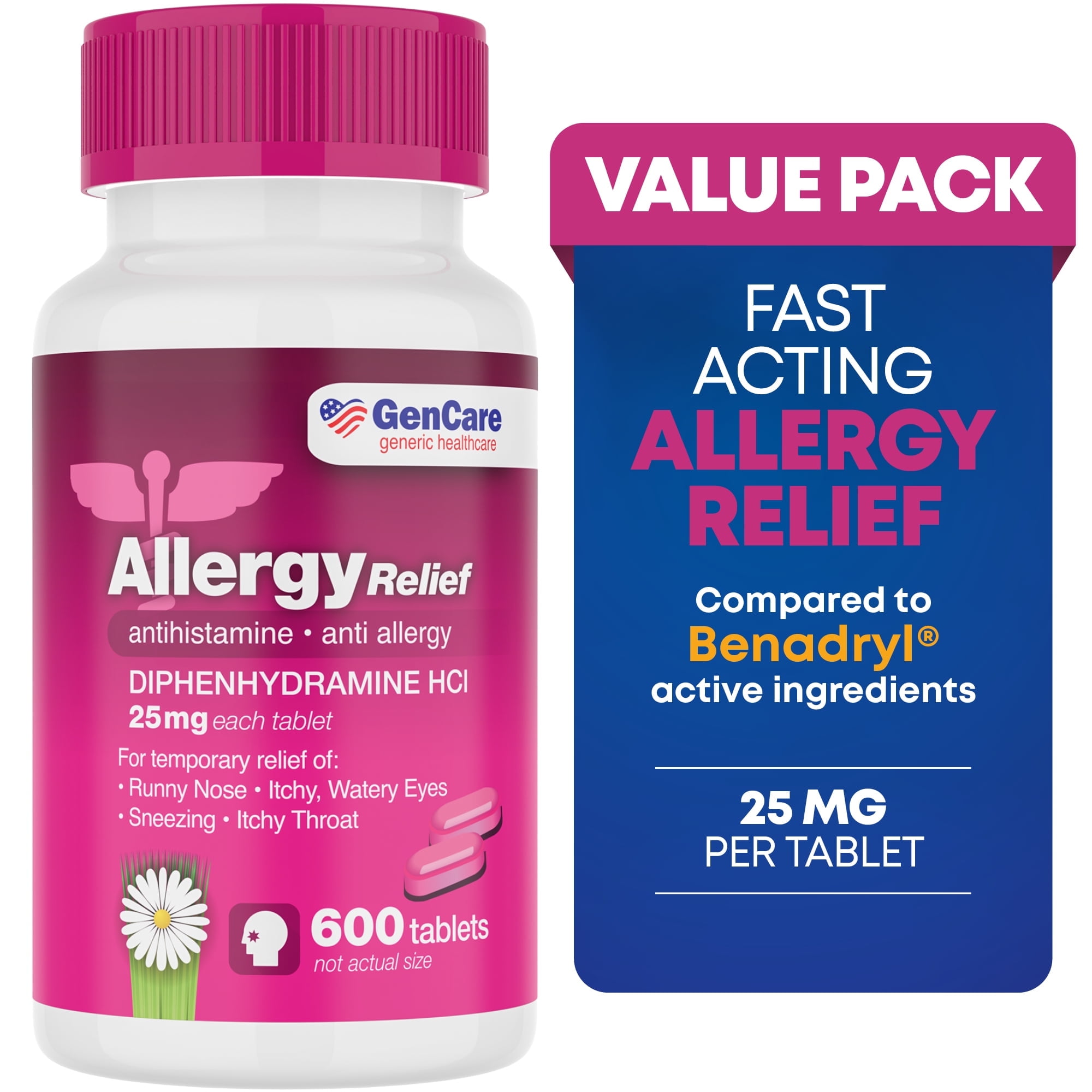 GenCare Allergy Relief Tablets Antihistamine Diphenhydramine HCl 25mg, 600 Tablets