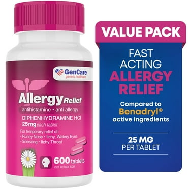 GenCare Allergy Relief Tablets Antihistamine Diphenhydramine HCl 25mg, 600 Tablets