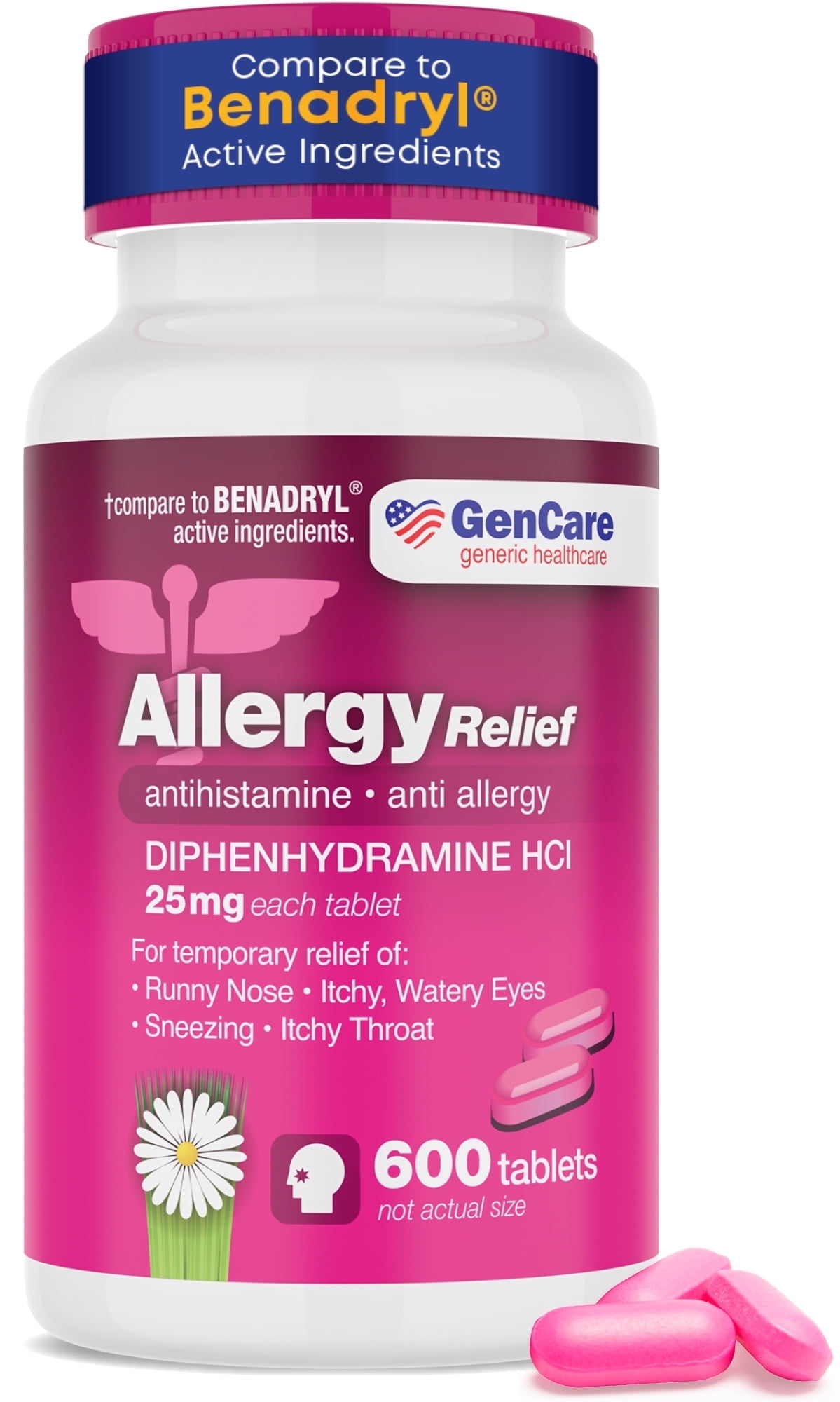 GenCare Allergy Relief Tablets Antihistamine Diphenhydramine HCl 25mg, 600 Tablets