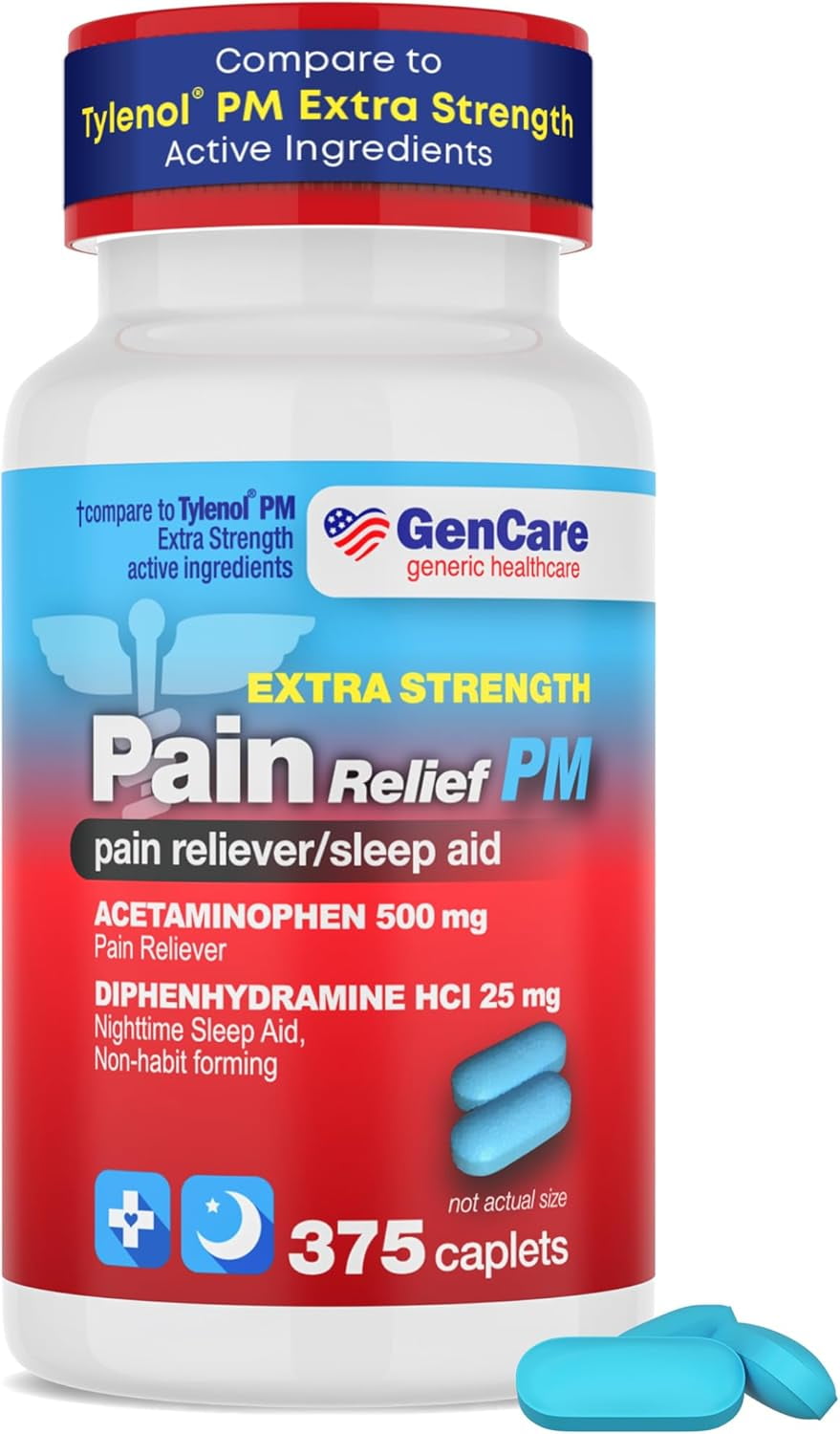 GenCare Extra Strength Acetaminophen PM 500mg Headache Sleep Aid Pain Relief, 375 Tablets