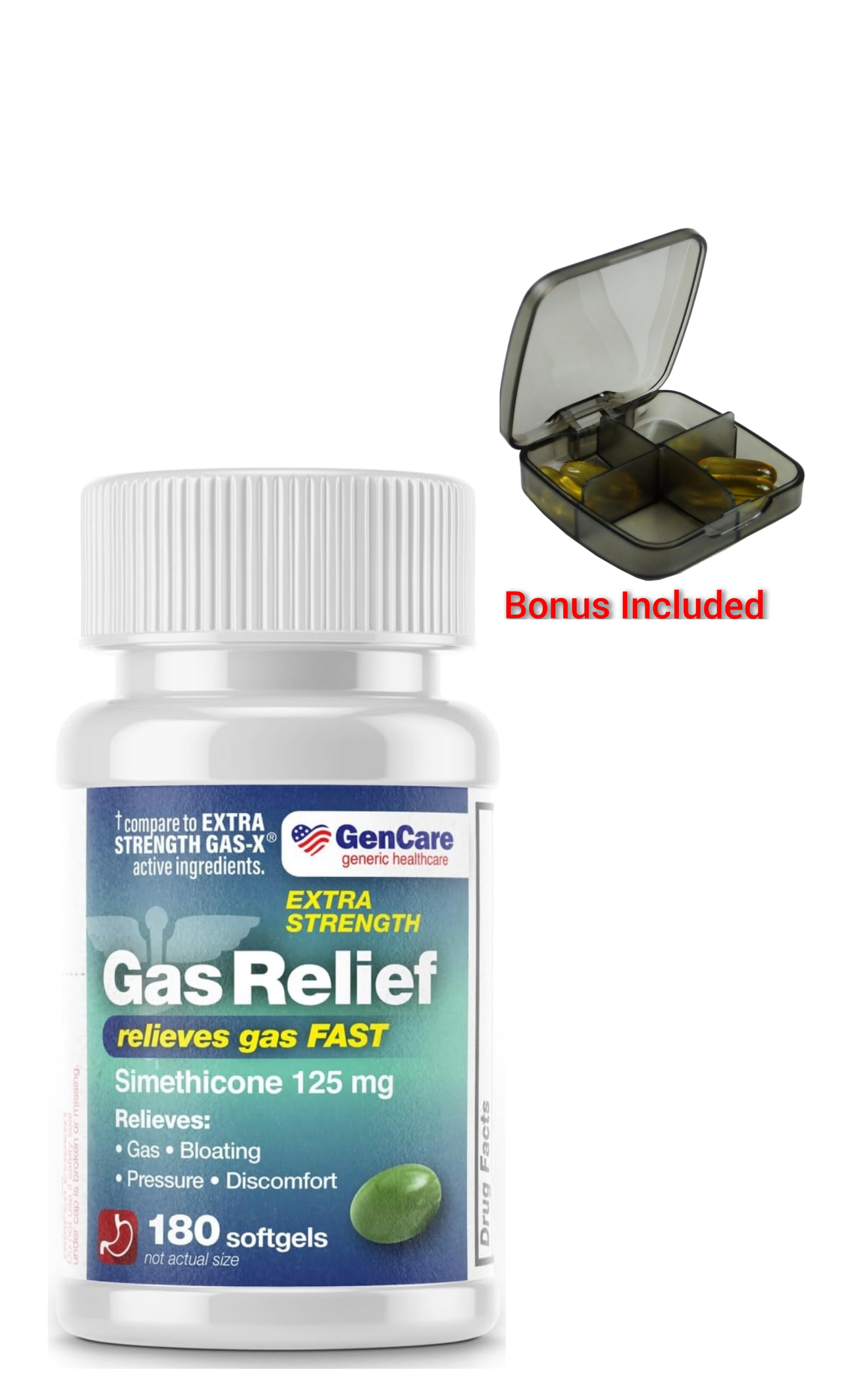 GenCare -Extra Strength Gas Relief Simethicone 125mg (180 Softgels) Maximum Strength Anti Gas Pills for Bloating Relief, Pressure & Discomfort - Compare to Generic Extra Strength Gas X