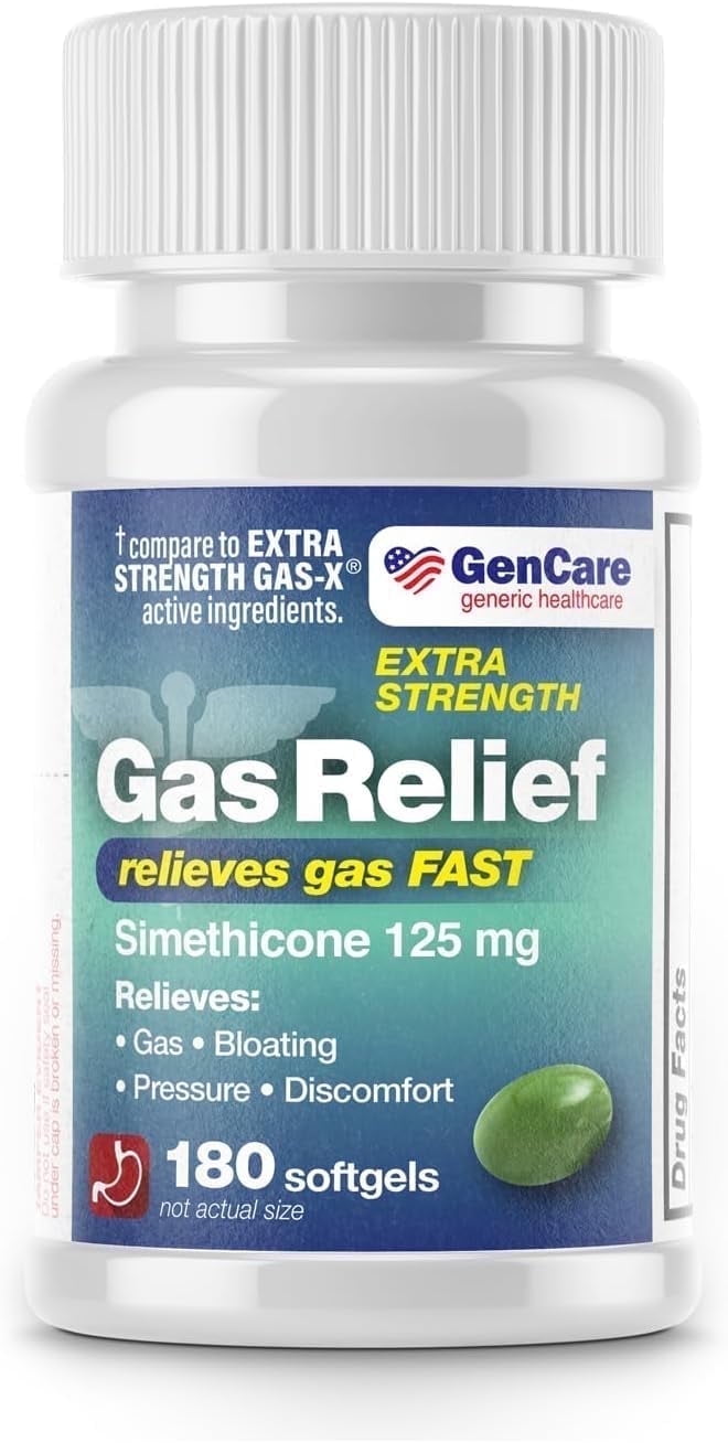 GenCare Extra Strength Gas Relief Simethicone 125mg for Bloating Relief, 180 Softgels