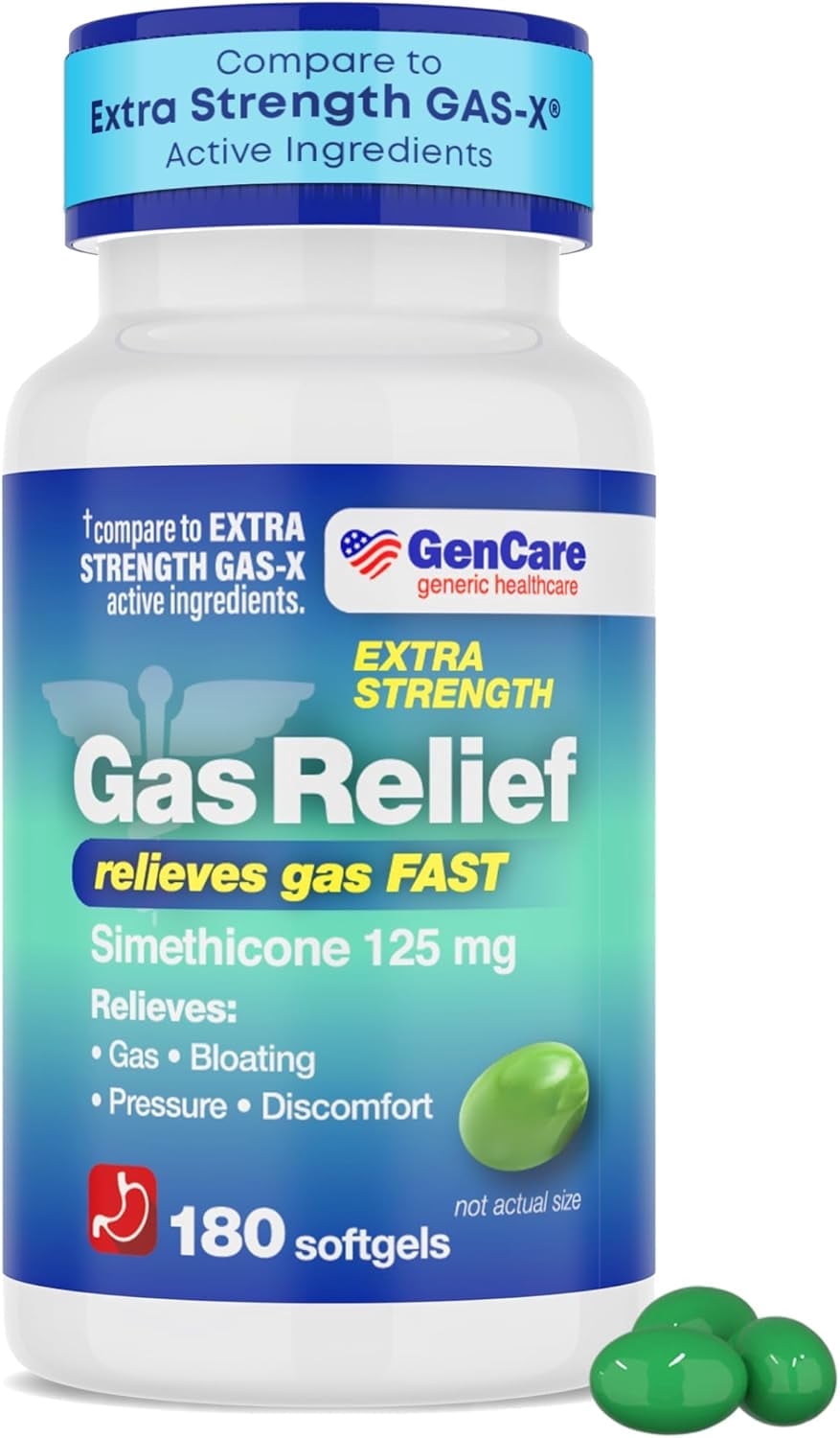 GenCare Extra Strength Gas Relief Simethicone 125mg for Bloating Relief, 180 Softgels