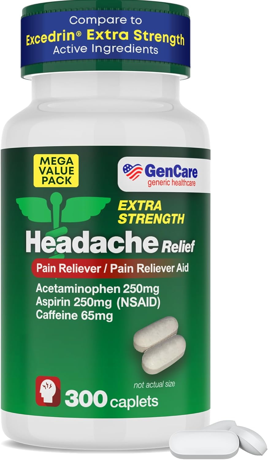 GenCare Headache Relief Acetaminophen 250mg, Aspirin 250mg & Caffeine 65mg, 300 Caplets