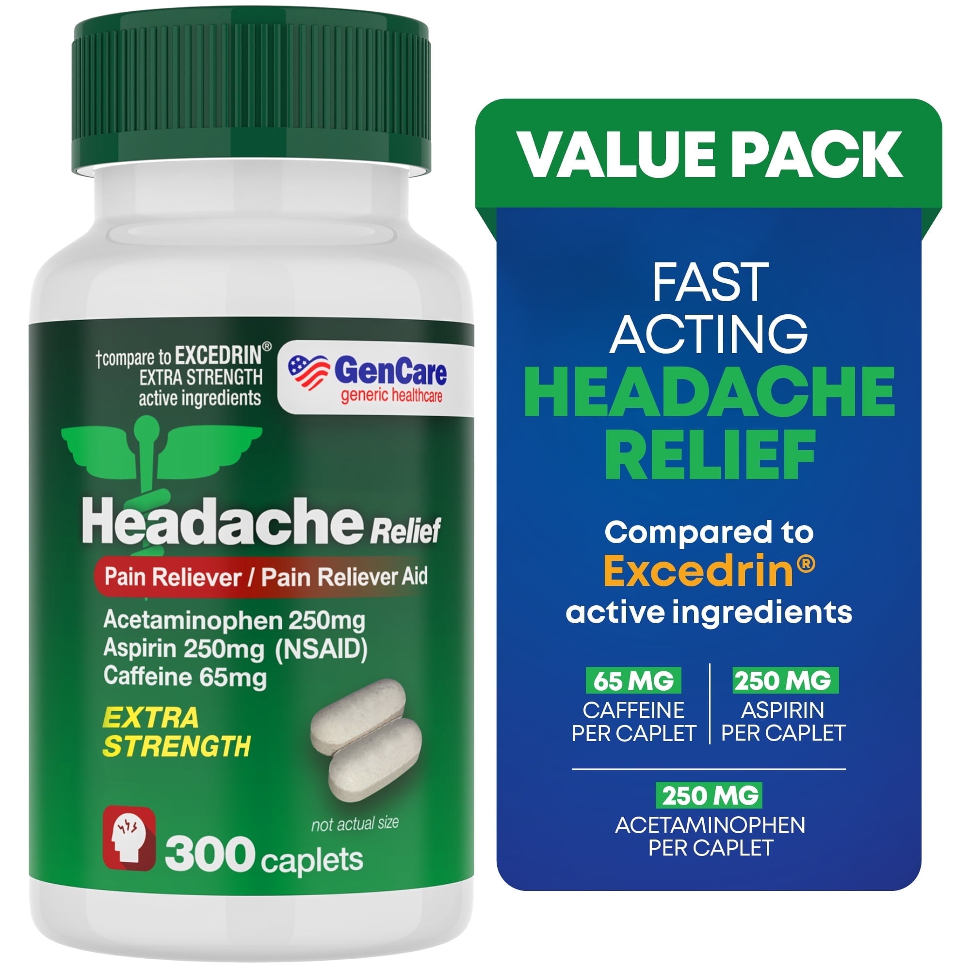 GenCare Headache Relief Acetaminophen 250mg, Aspirin 250mg & Caffeine 65mg, 300 Caplets