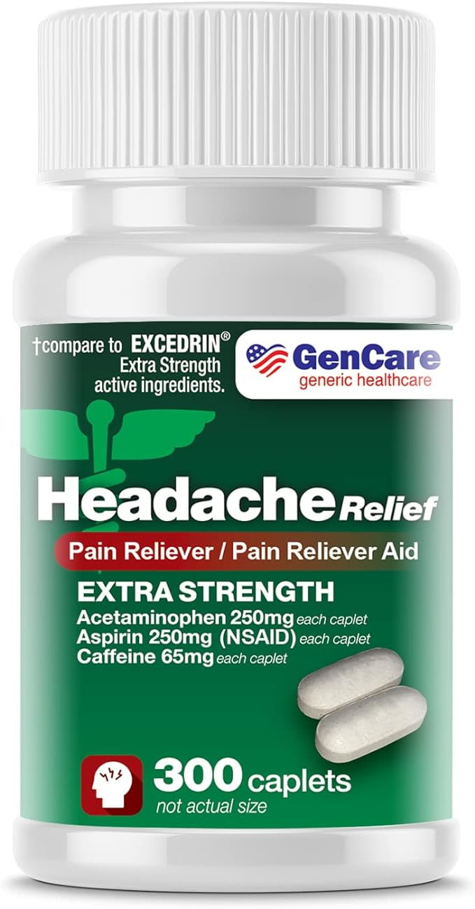 GenCare - Headache Relief Acetaminophen with Aspirin (NSAID) & Caffeine (300 Caplets) Value Pack | Head Pain, Muscle Aches, Back Pain & Body | Generic Excedrin Extra Strength
