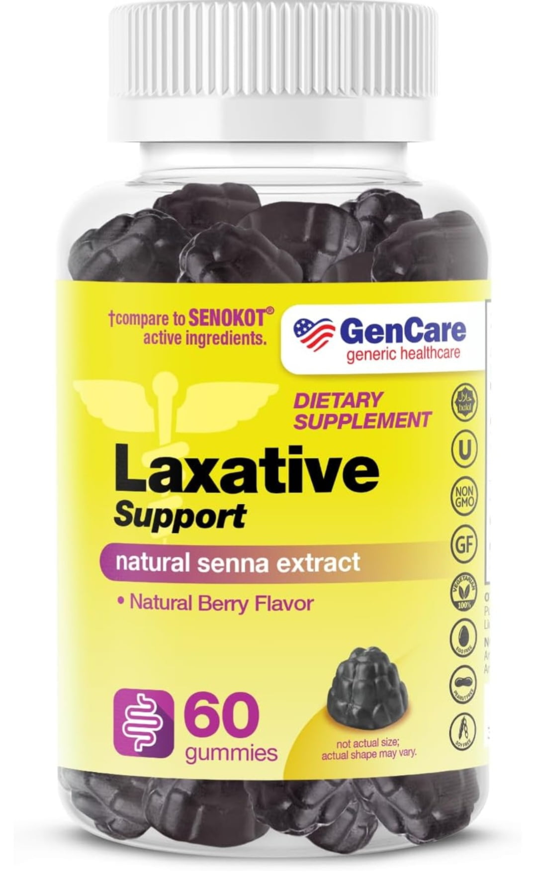 GenCare - Laxative Support Gummies with Natural Senna Extract (60 Gummies) - Gentle Overnight Relief of Occasional Constipation for Adults and Children 6 and Older - Non GMO Vegetable Laxative